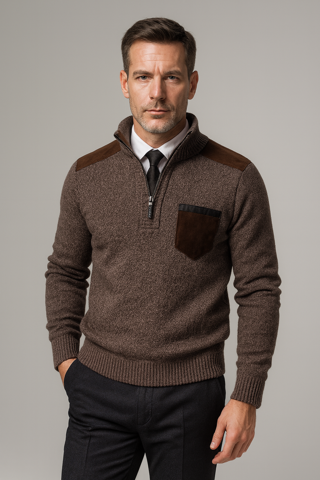 Sweter męski slim fit dzianinowy z półzamkiem i kontrastowymi detalami