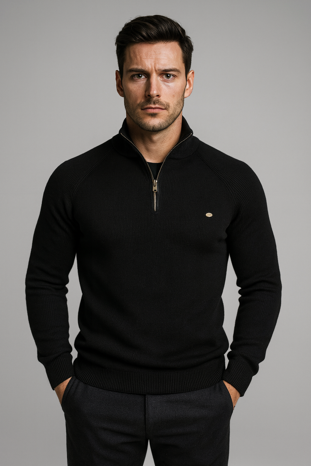 Sweter męski slim fit dzianinowy z półzamkiem i wysokim kołnierzem